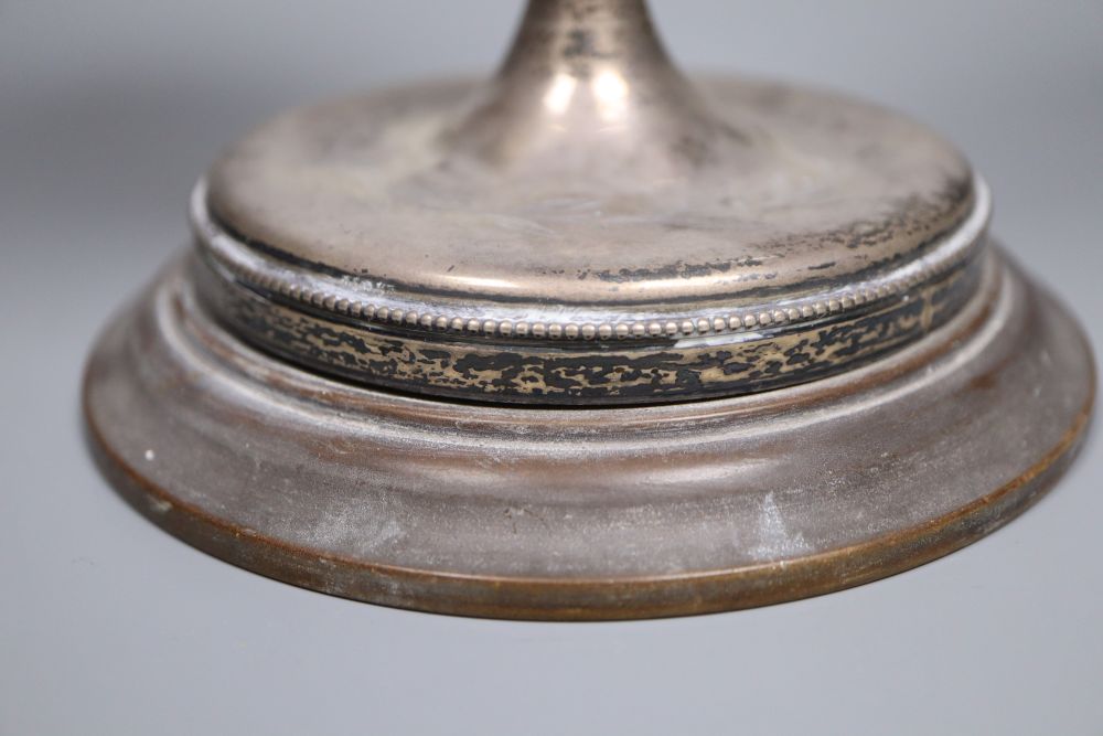 A Victorian silver presentation trophy goblet, engraved with a Penny Farthing, Birmingham, 1879, 22.6cm, weighted,